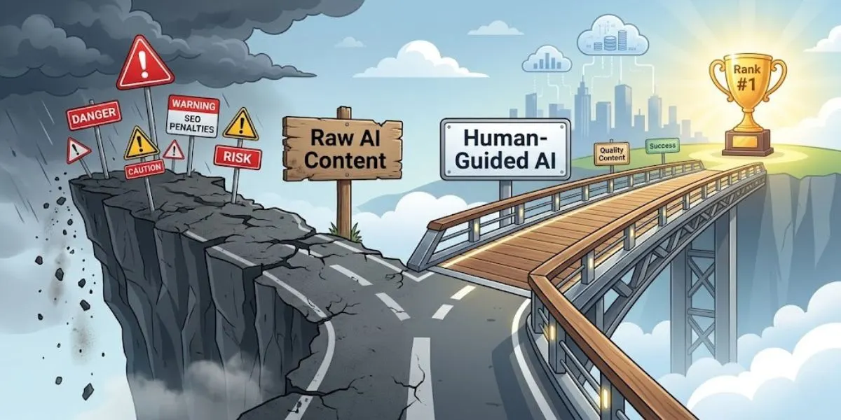 A graphic showing two paths for AI content marketing: a dangerous one that can destroy SEO and a safe, human-guided one that leads to success.