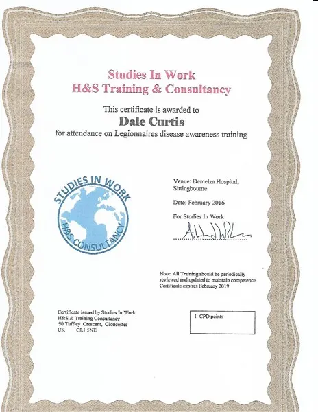 Legionnaires Disease Certificate