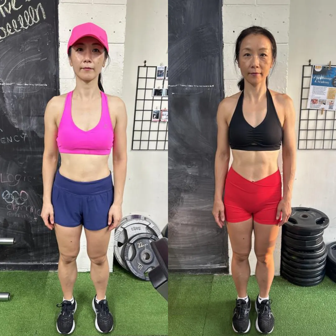Busy corporate working 50 year old woman lost 3kg of unwanted belly fat, achieved a 65kg Squat and revealed her abs