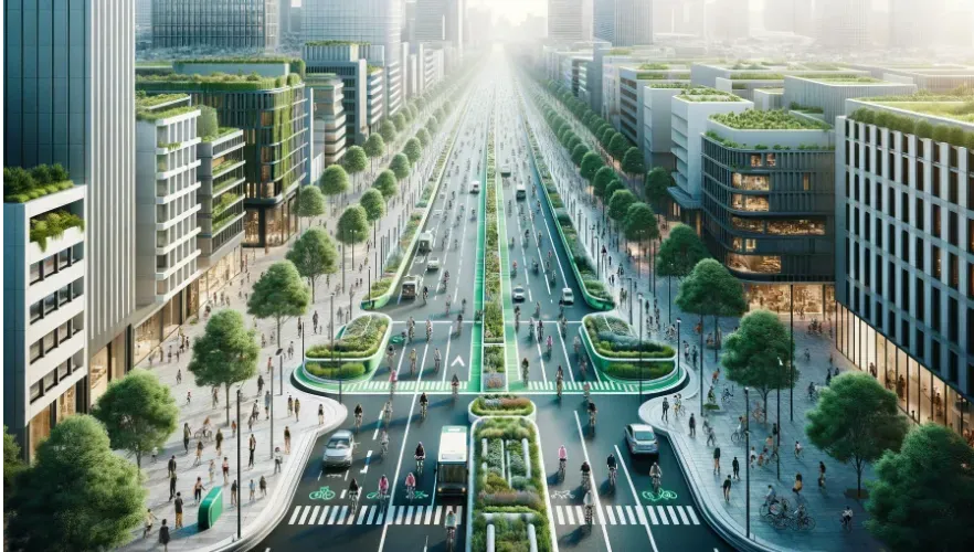 A large city street equipped with bike lanes, people riding bicycles, and plenty of greenery.