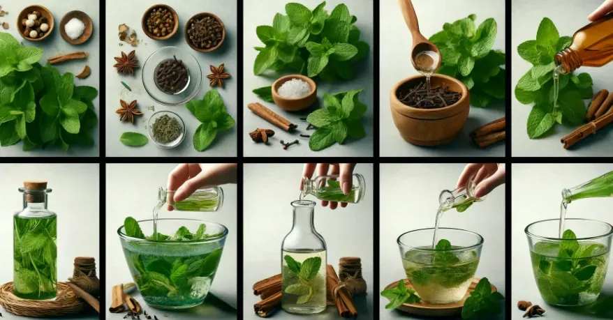 A visual of a step-by-step process for making herbal mouthwash.