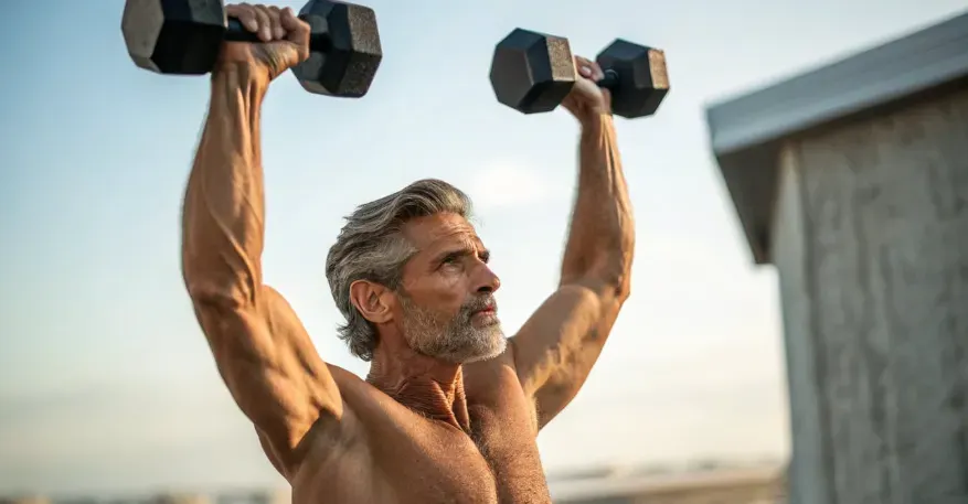 image of a 50 year old man actively engaging in a workout session with weights, focusing on strength training exercises. 