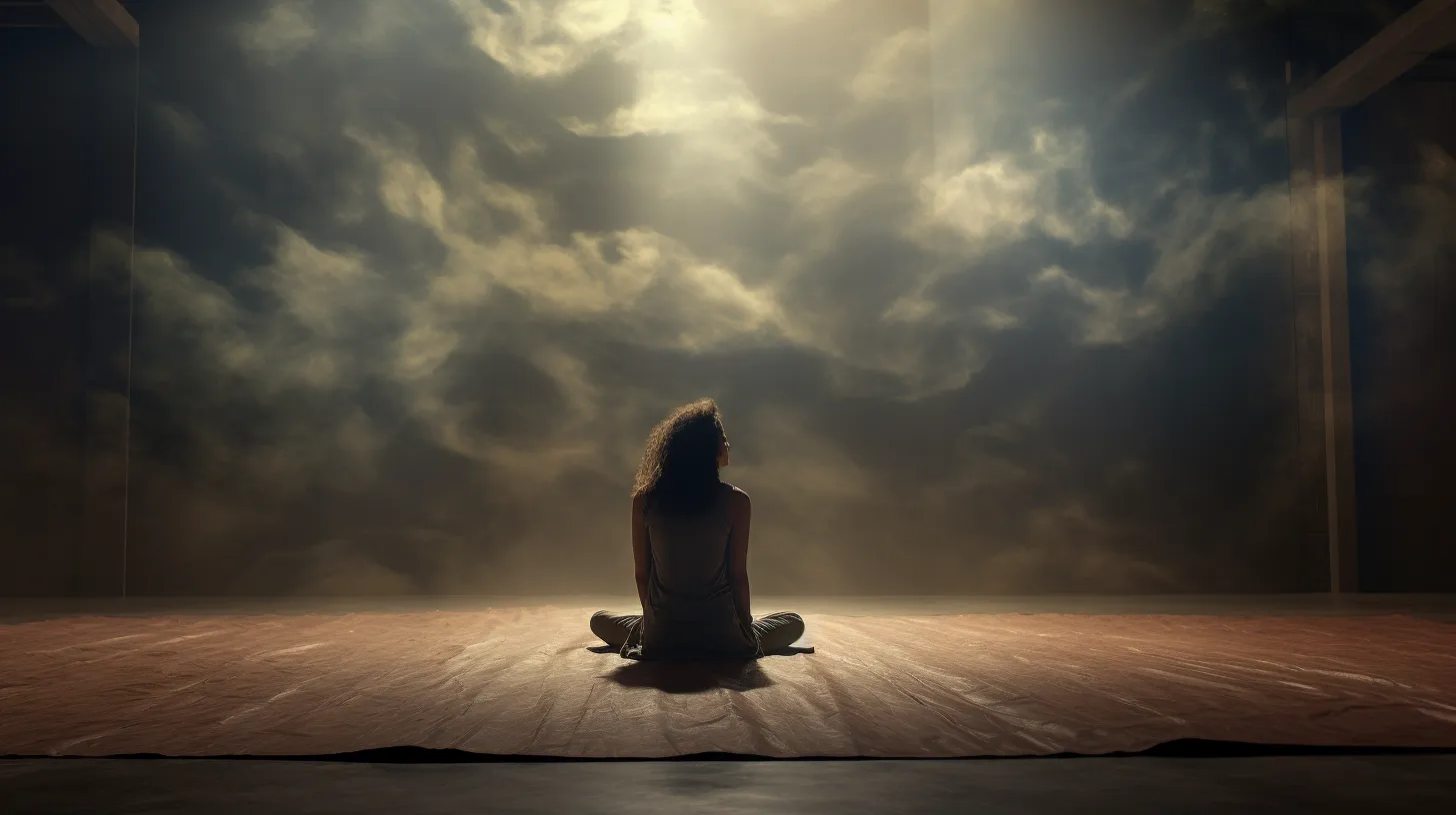 serene yoga studio diffused sunlight woman in relaxing Savasana pose, releasing anxiety