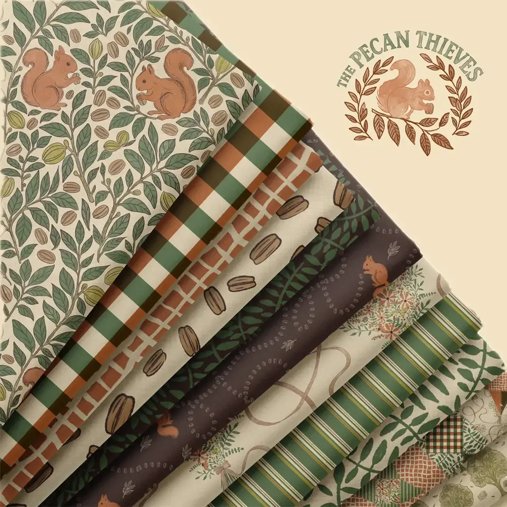 The Pecan Thieves surface pattern collection featuring whimsical squirrels, pecans, leafy botanicals, plaid, and warm woodland coordinating prints by Brayberry Design.
