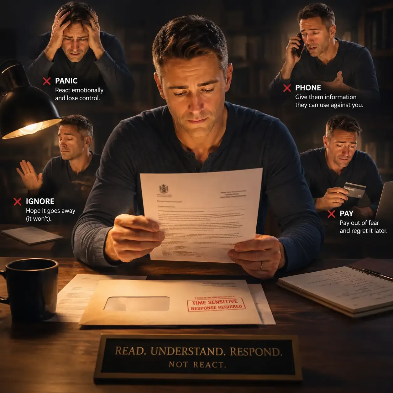 A calm man reads an official-looking letter at a desk while avoiding panic, phone calls, ignoring the letter, and paying out of fear, showing a structured way to respond instead of react.