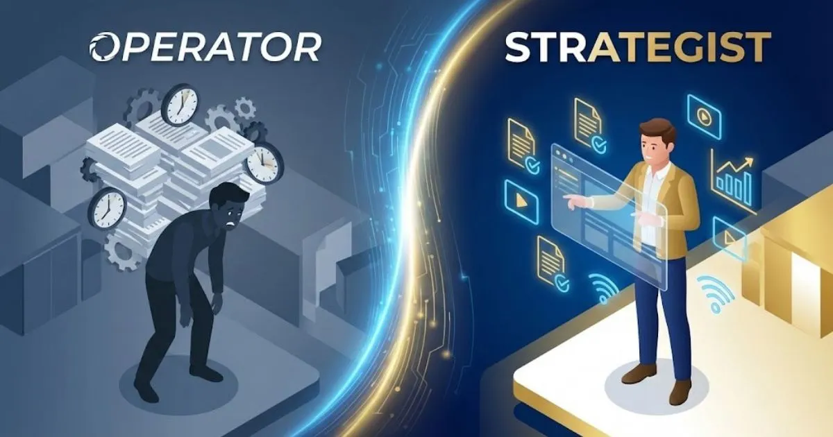Comparison of stressed business owner vs AI-empowered strategist using content creation tools.
