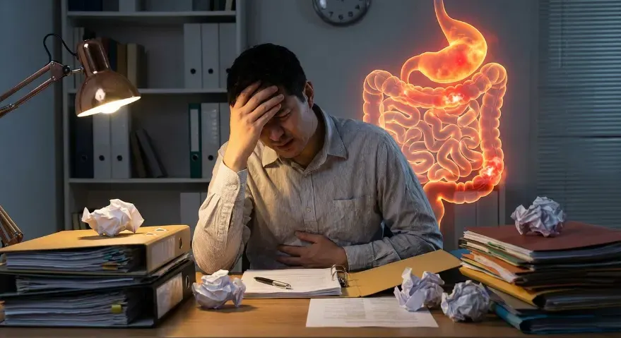 A person sitting at a desk looking overwhelmed, clutching their stomach, surrounded by paperwork. Behind them, a translucent image of the digestive system and gut inflammation in red tones, symbolizing chronic stress disrupting digestion.