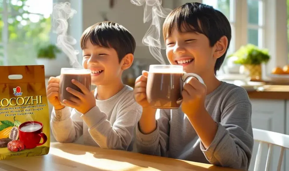 Niños disfrutando de una taza de Cocozhi de DXN, la bebida de chocolate saludable que apoya la nutrición y el desarrollo familiar.