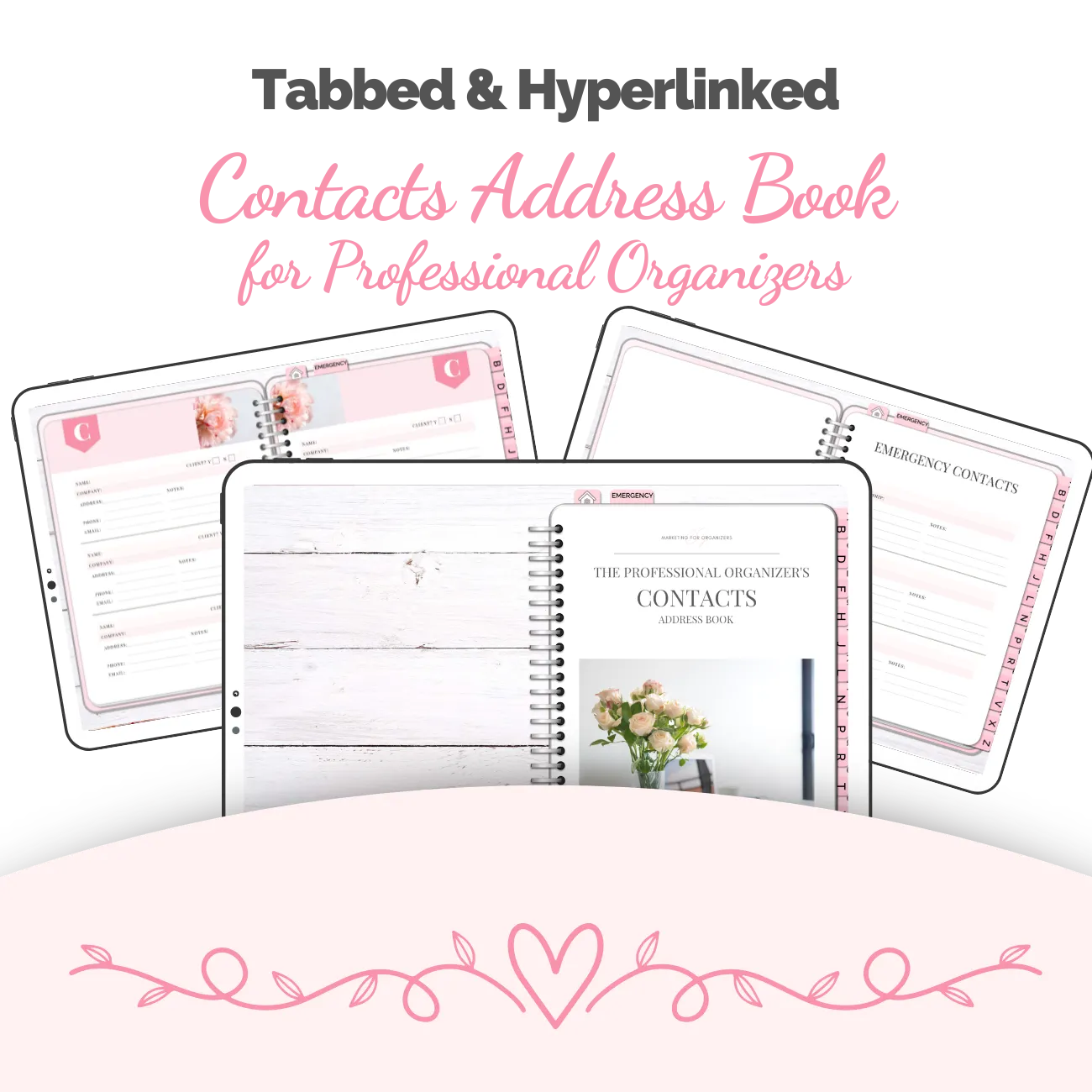 Mockup showing 3 pages of pink and white address book