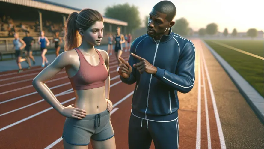 a beginner runner receiving guidance from a coach, starting their interval training on a local track. 