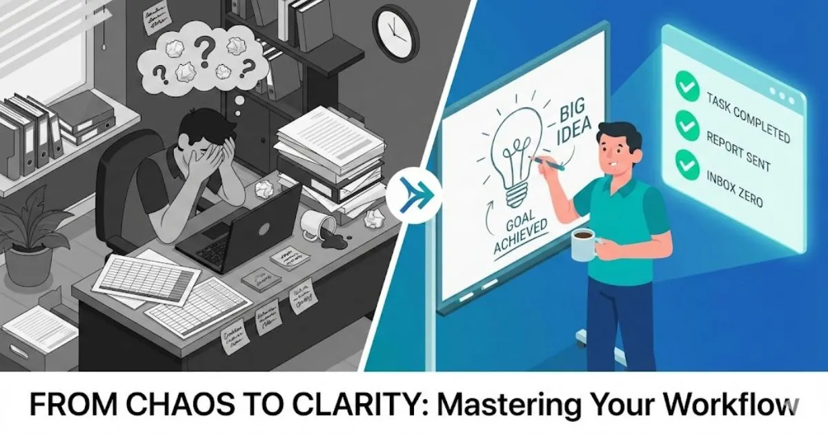Comparison of a stressed business owner doing manual tasks versus a relaxed owner using business automation.