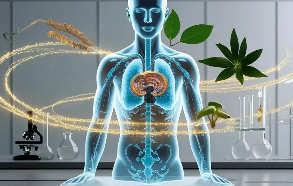 Ilustración de la Ganoterapia de DXN apoyando el sistema inmunológico de una persona, mostrando el enfoque holístico de la salud.