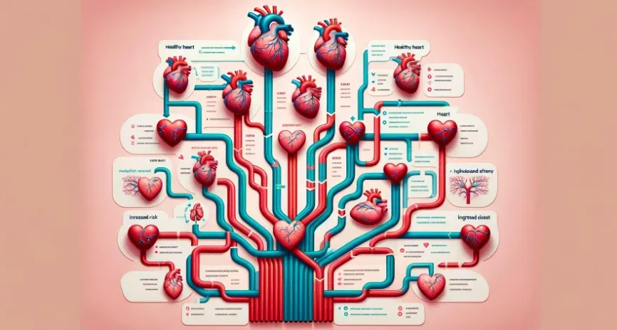 A decision-making tree starting from different LDL cholesterol levels leading to different health outcomes.