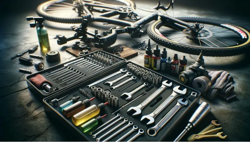 Bicycle tools laid out near a bike.