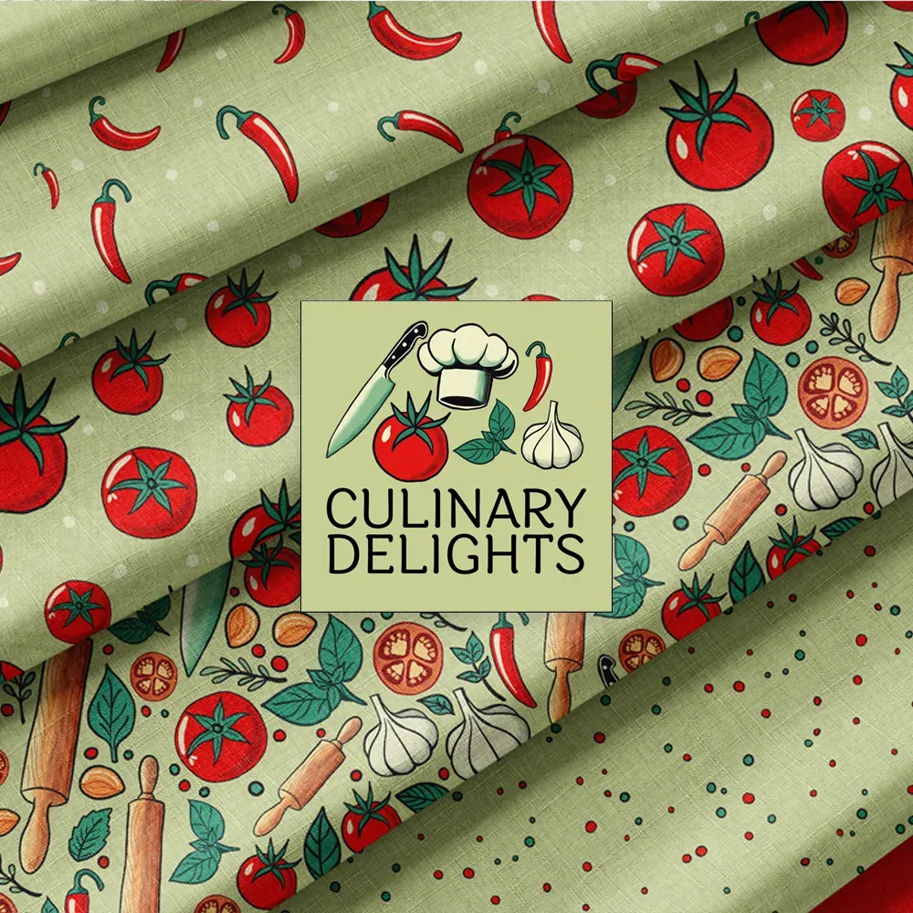 Culinary Delights surface pattern collection featuring tomatoes, chili peppers, garlic, herbs, kitchen tools, and coordinating prints in fresh savory colors by Brayberry Design.