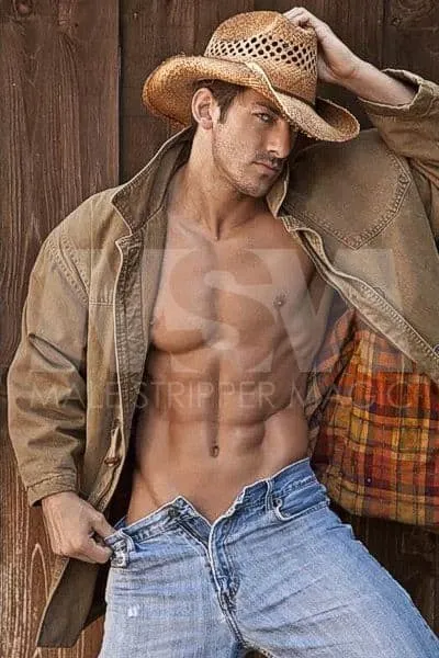 Sexy Cowboy with Open Shirt, Straw Cowboy Hat, and Jeans Showing Abs
