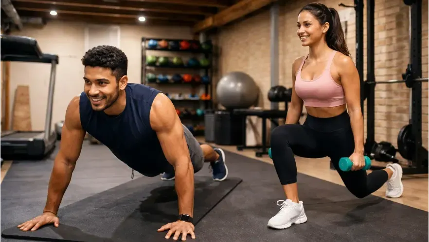 Hispanic couple exercising in what is obviously their basement. The man is doing pushups. The woman is doing a lunge and she has small dumbbells in her hands. 