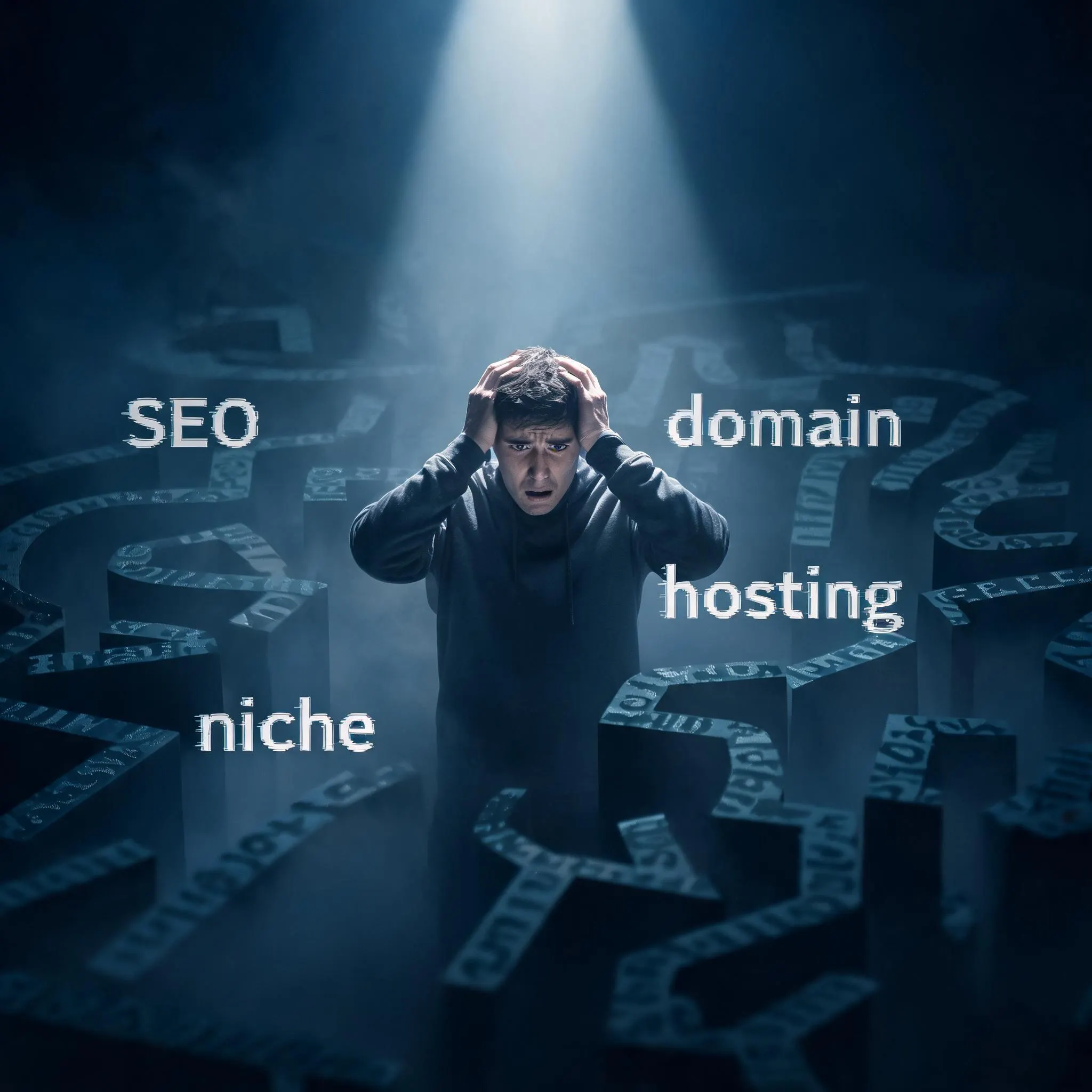 Confused beginner surrounded by floating blogging terms like SEO, hosting, and niche representing overwhelm and uncertainty in starting a blog