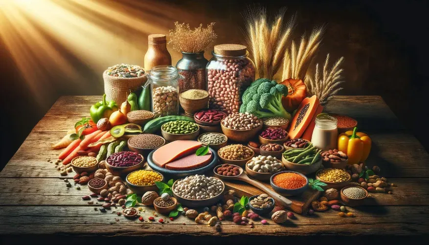 An image featuring an array of assorted vegan protein sources artistically arranged on a rustic wooden table, illuminated by warm, natural light. 