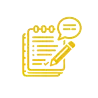 Gold icon showing guidance notes, written resources, a pencil, and a speech bubble for Notice Club learning materials.