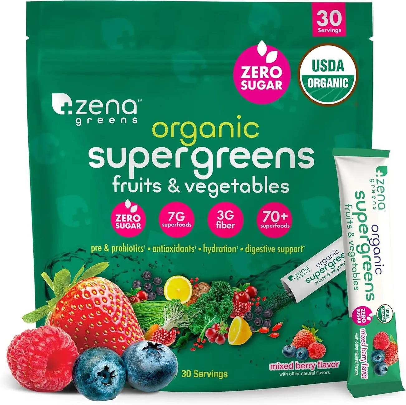 Zena Organic Super Greens Powder, 70+ Superfoods Drink Mix, 0 Sugar, 3G Fiber, Fruits, Veggies, Spirulina, Chlorella, Antioxidants