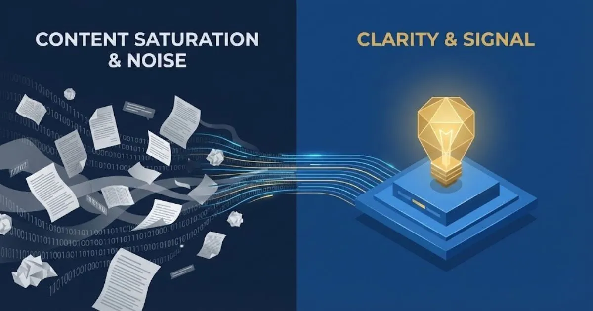 A visual representation of content saturation chaos versus clear strategic AI signals.