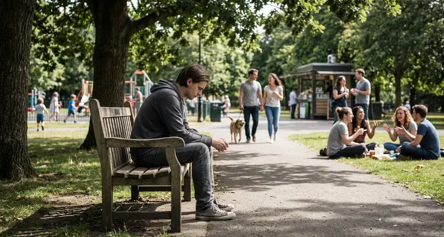 Person sitting alone in a public space while others interact nearby representing feelings of isolation.