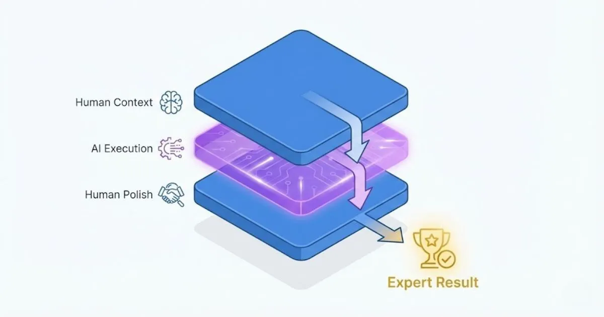 Diagram showing the sandwich workflow of human context, AI execution, and human polish.