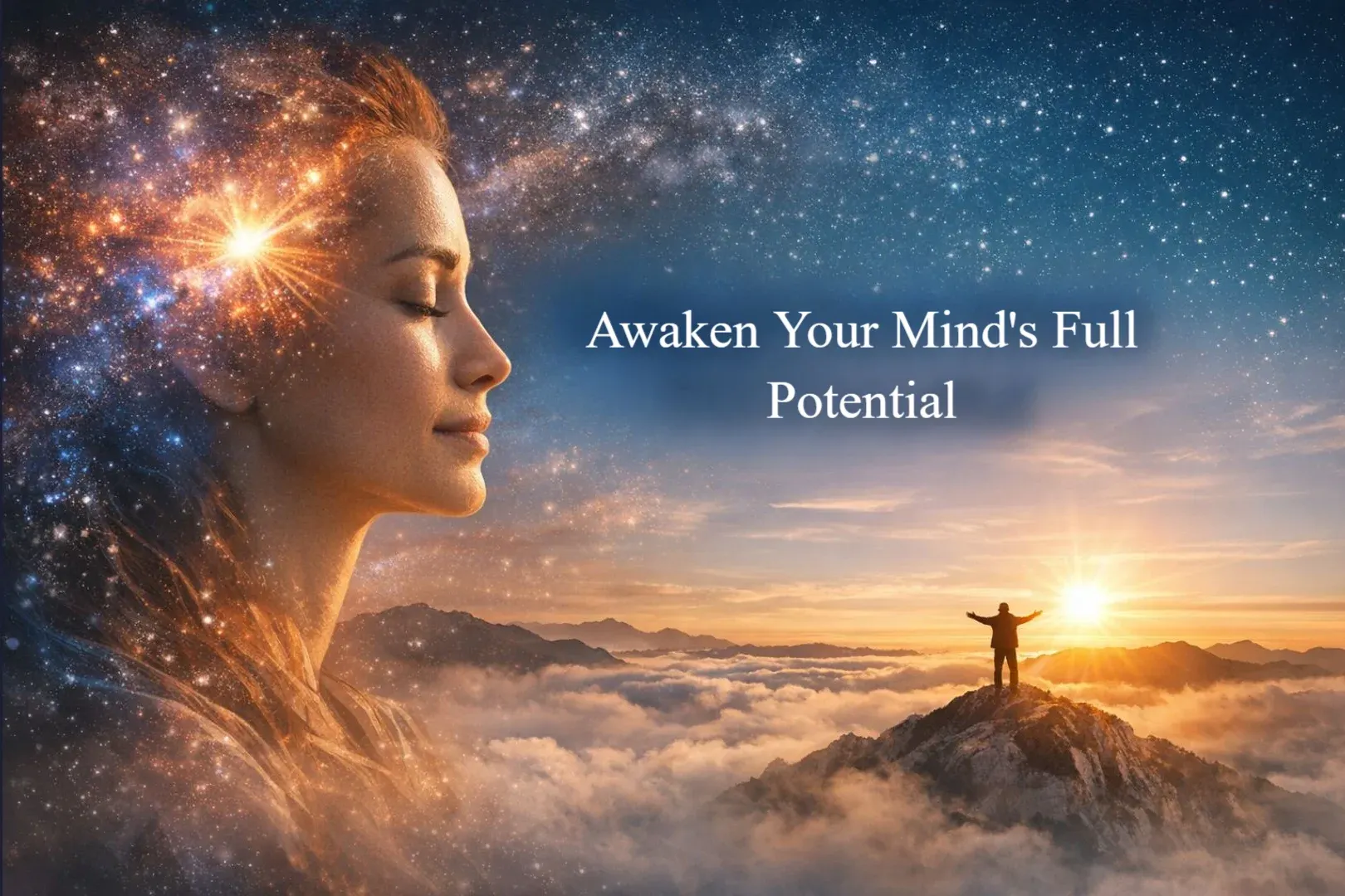 Image of a woman meditating with the verbiage Awaken the Power of Your Mind