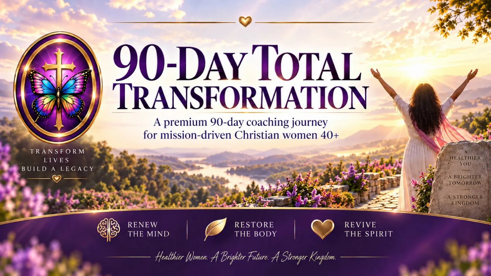 90-Day Total Transformation Strategic Program Overview featuring the purple-and-gold butterfly and cross emblem against the program's signature Kingdom Journey landscape.