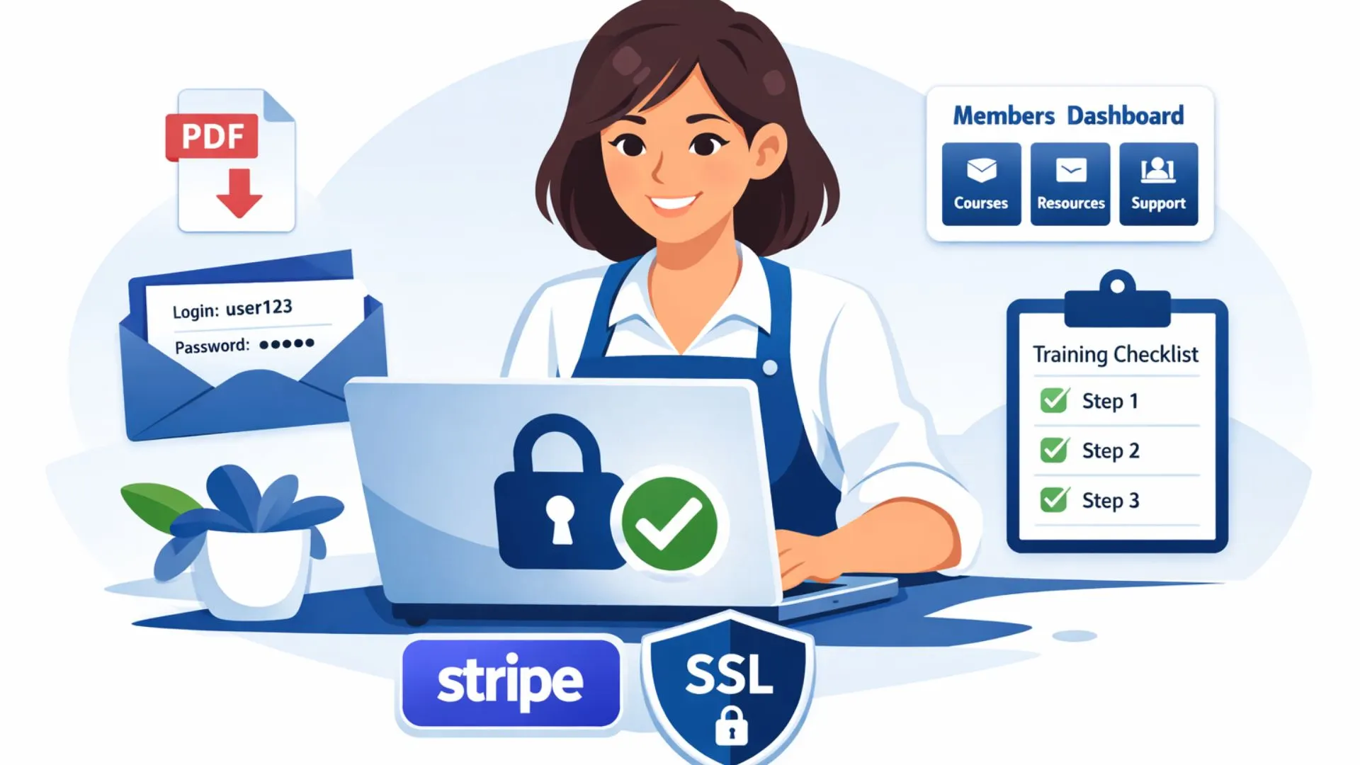 Expert AI Prompts secure checkout FAQ with Stripe security badge and instant delivery icons