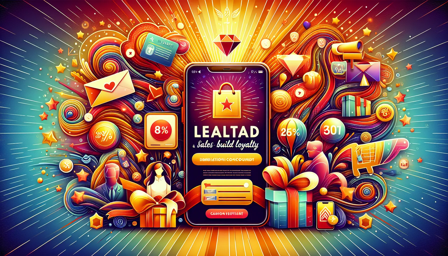 A smartphone displaying a loyalty program app is centered amid colorful graphics of gifts, shopping carts, percentage signs, and various icons against a vibrant, dynamic background—an essential tool for customer retention and boosting sales growth strategies.