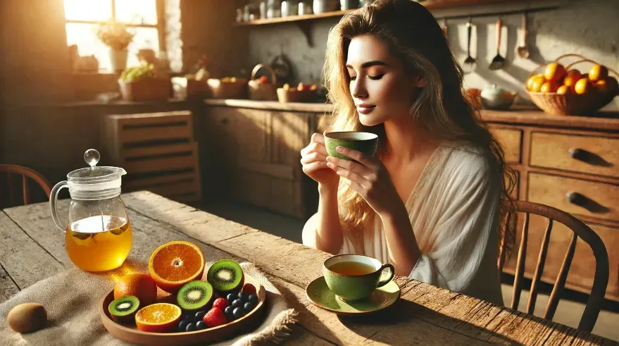 A serene scene of a woman drinking green tea in a sunlit rustic kitchen setting, with a focus on her glowing, youthful skin. At the table, there is a plate of beautifully arranged oranges, kiwis, and berries.