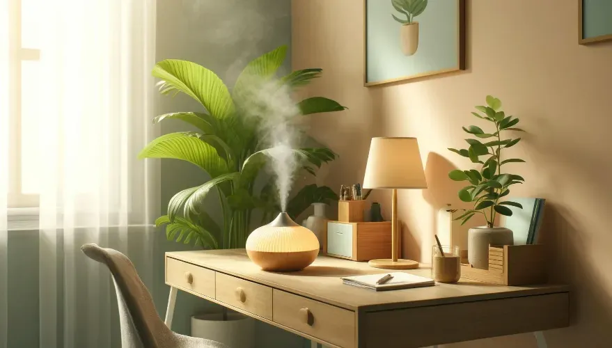 Desk in a peaceful looking room with plants and an essential oil diffuser on it. 