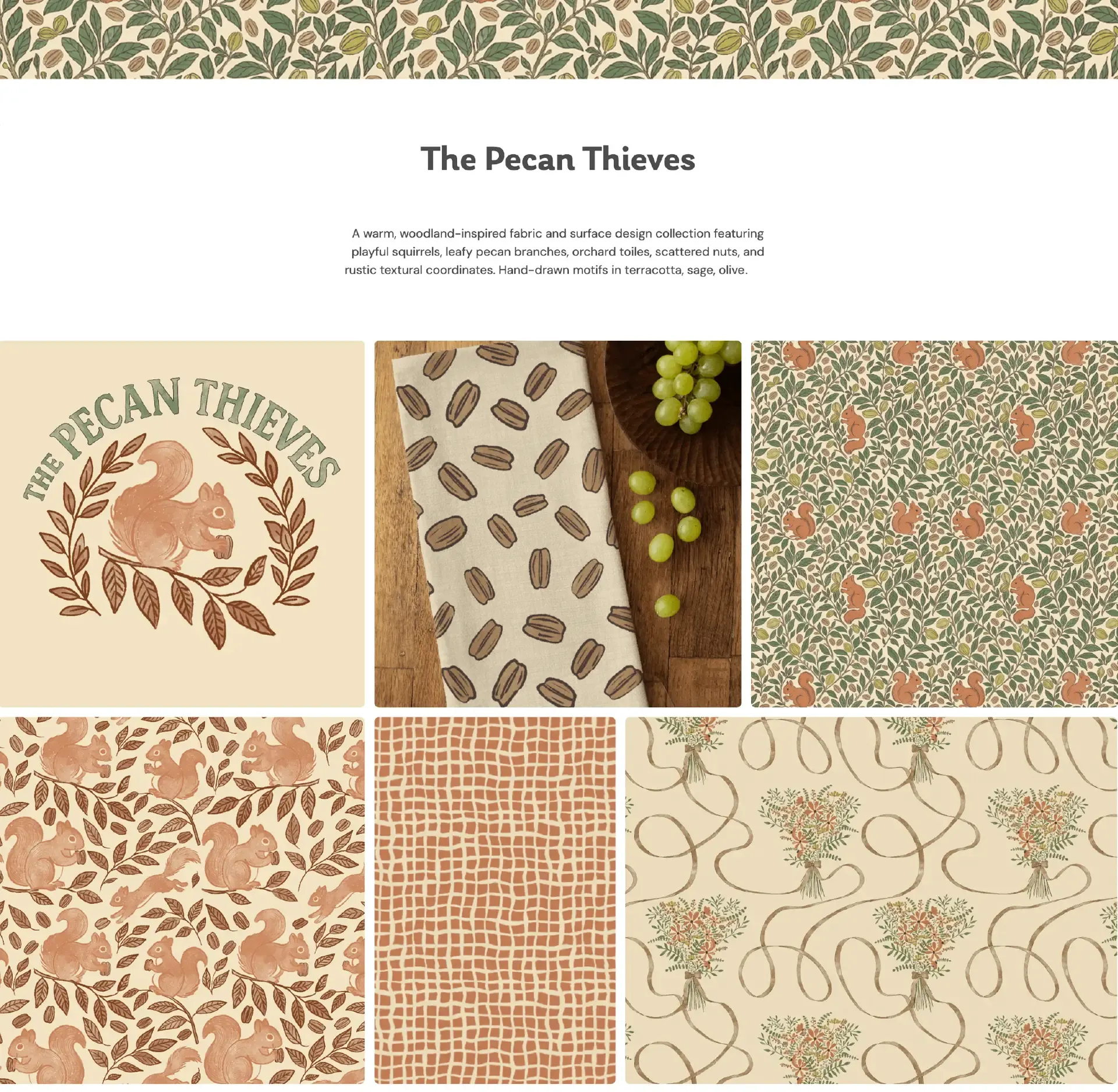 The Pecan Thieves surface pattern collection featuring squirrels, pecans, leafy botanicals, plaid, and woodland coordinating prints