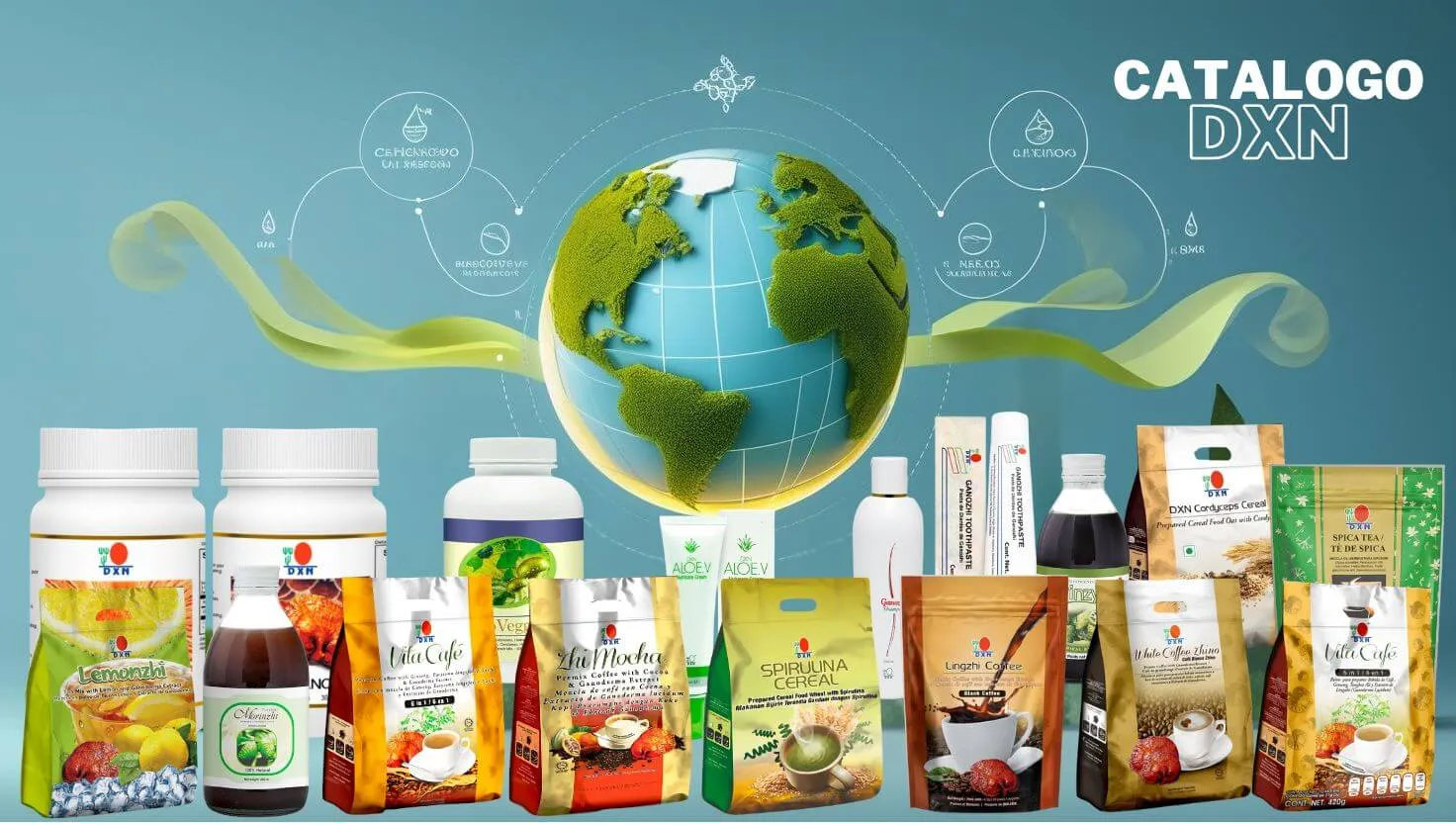Selección de productos DXN, incluyendo Café Lingzhi y Spirulina, organizados para un estilo de vida de bienestar.