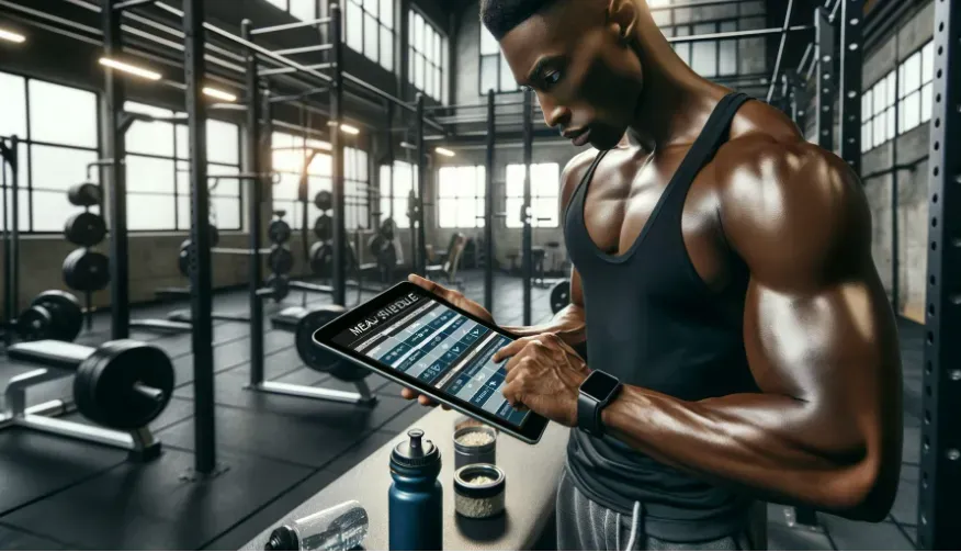 An athlete planning a meal schedule on a digital tablet with highlighted times for protein intake.