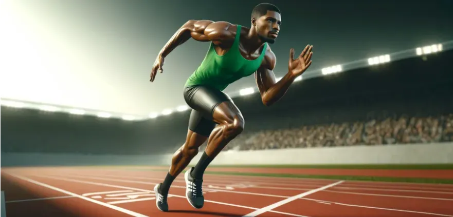 a fit African American man sprinting on an outdoor athletic track.