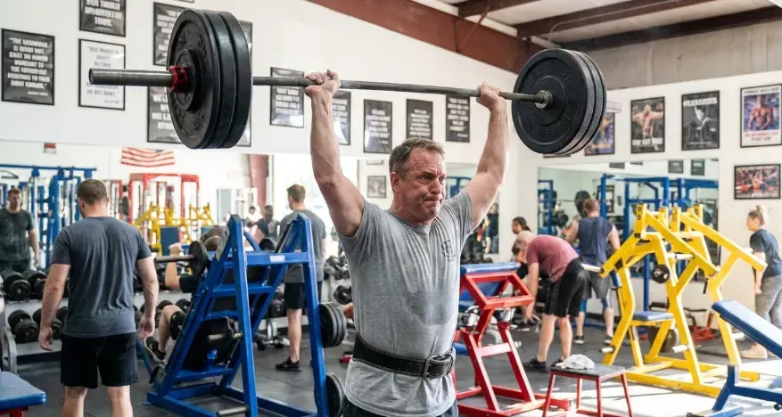 Middle-aged man performing a Clean and Jerk barbell lift in the gym.