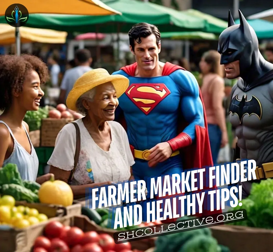 Superman and Batman engaging with local residents at a farmers market, surrounded by fresh produce and market stalls.