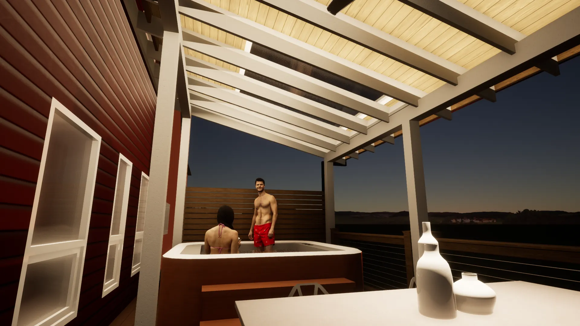 Covered outdoor deck at night featuring a modern hot tub with two people relaxing. The area includes a slatted roof, decorative bottles on a nearby table, and railing overlooking a scenic view.