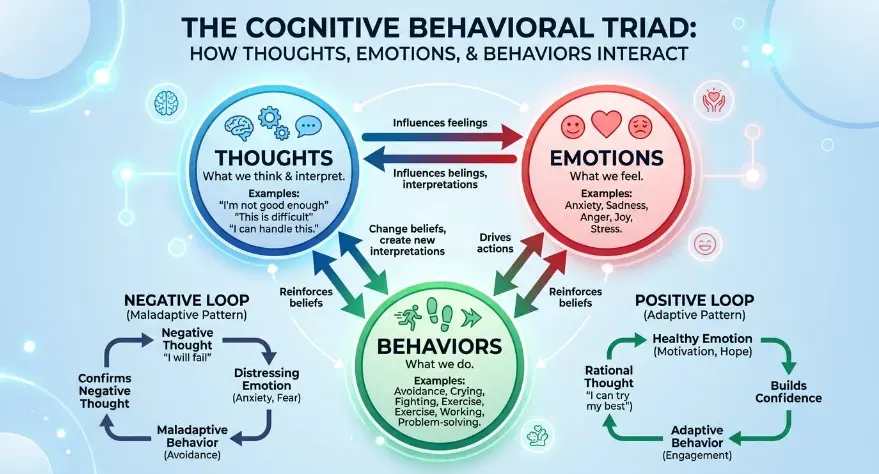 Diagram showing the interaction between thoughts, emotions, and behaviors in mental and emotional health.