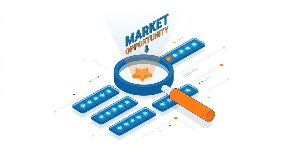 Magnifying glass analyzing customer reviews to find market gaps for product development.