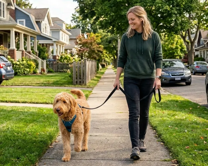 Woman walking dog on leash in a quiet neighborhood, practicing calm loose leash walking during a training session
