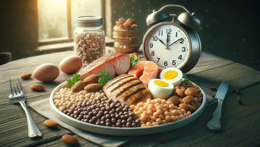 Plate of protein rich foods like salmon, legumes, and eggs next to a clock on a table