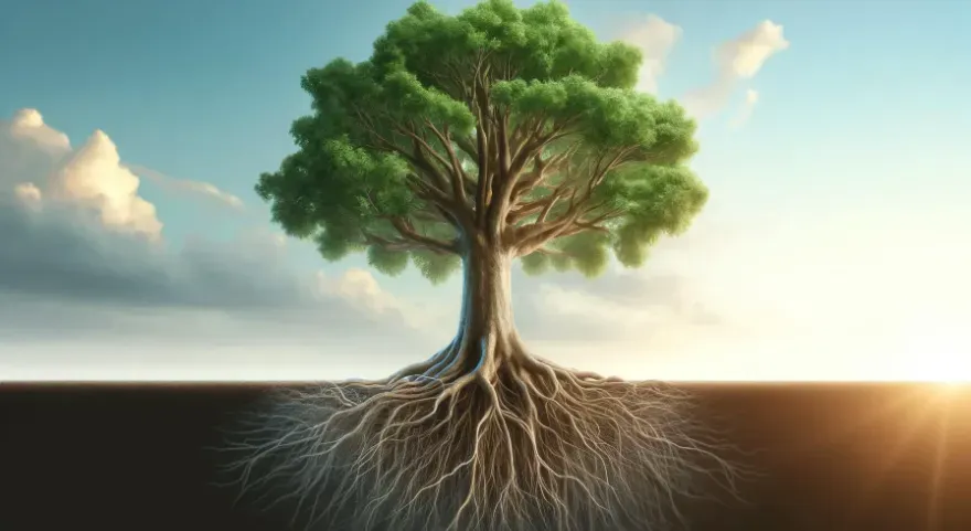 a majestic tree with strong roots and new branches growing, symbolizing the continuous growth and adaptation of support networks.