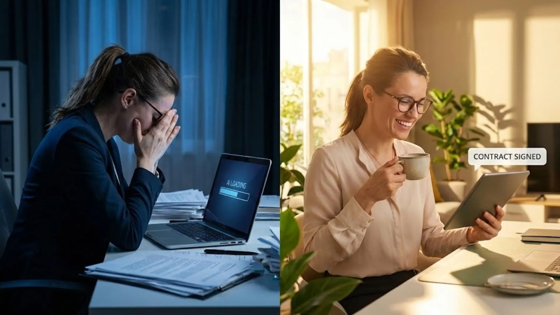  Split screen showing a stressed business owner versus a confident entrepreneur using coaching business ai tools.