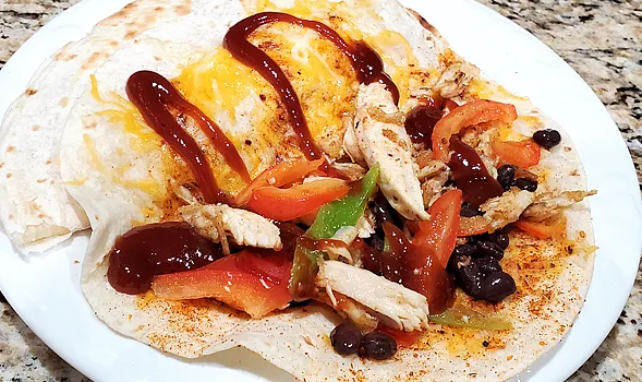 BBQ Chicken Thigh Soft Tacos / Burritos With Sliced Bell Peppers, Mexican Rice & Black Beans 