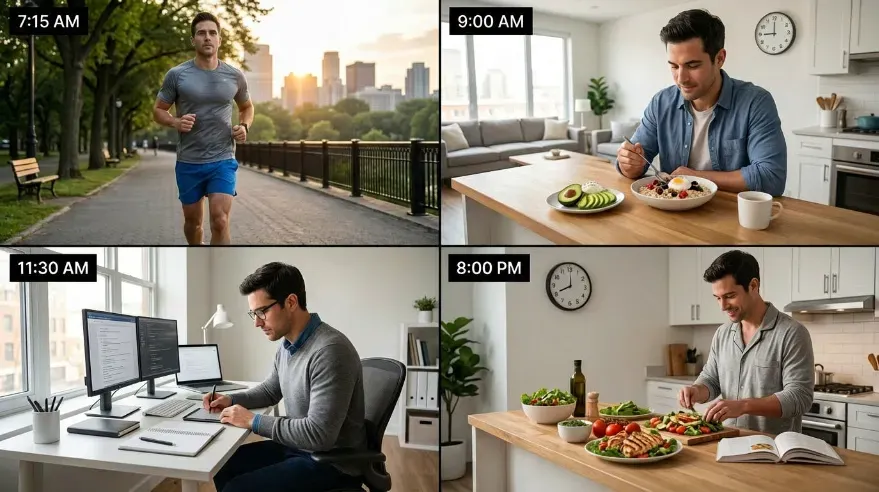 Person following a structured daily routine including exercise, healthy eating, and focused work representing disciplined habits