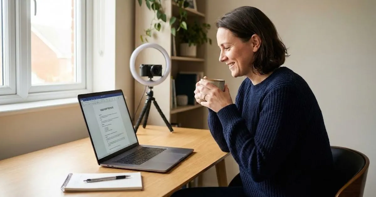 Entrepreneur using AI to write video scripts in a home office.